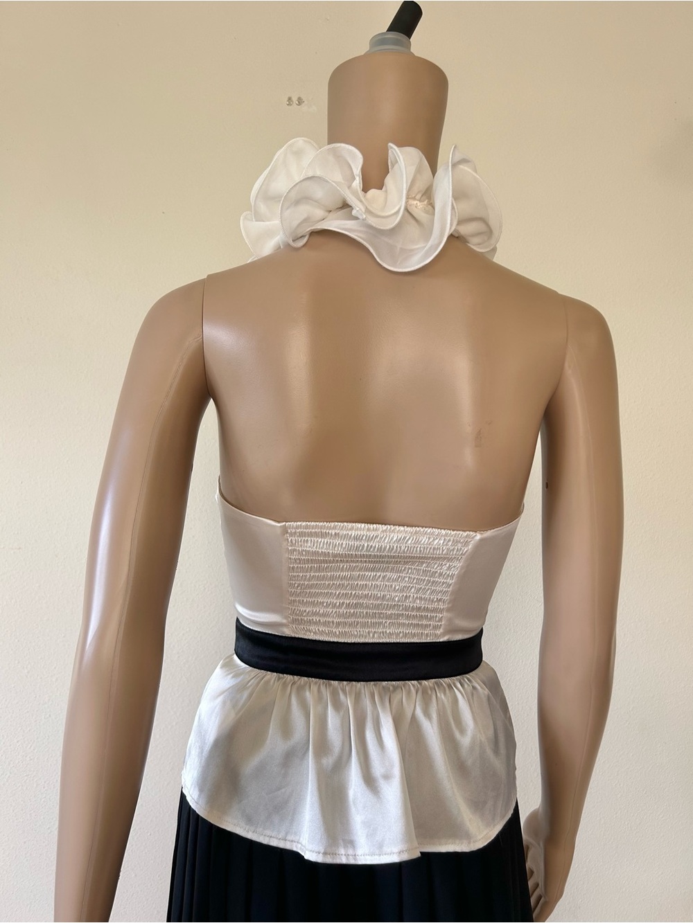 bebe White Satin Ruffle Halter Camisole with Black Waist Band - Picture 2 of 7
